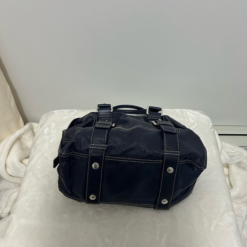 Michael Kors Vintage Navy Blue Leather Contrast Stitch Satchel Bag - Picture 3 of 6